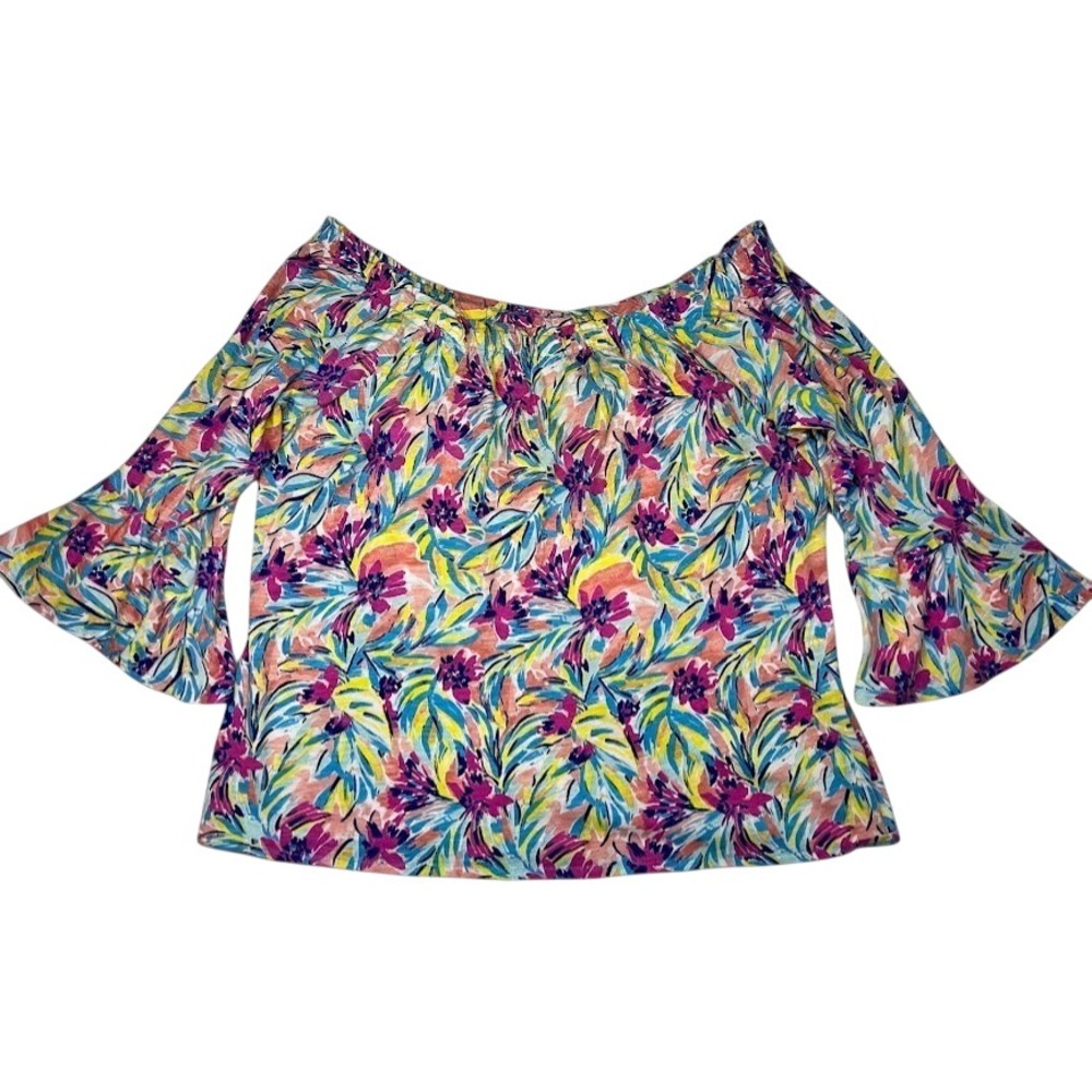 Stella Parker Floral Off Shoulder Bell Sleeve Cotton Blouse Boho Tropical Top L